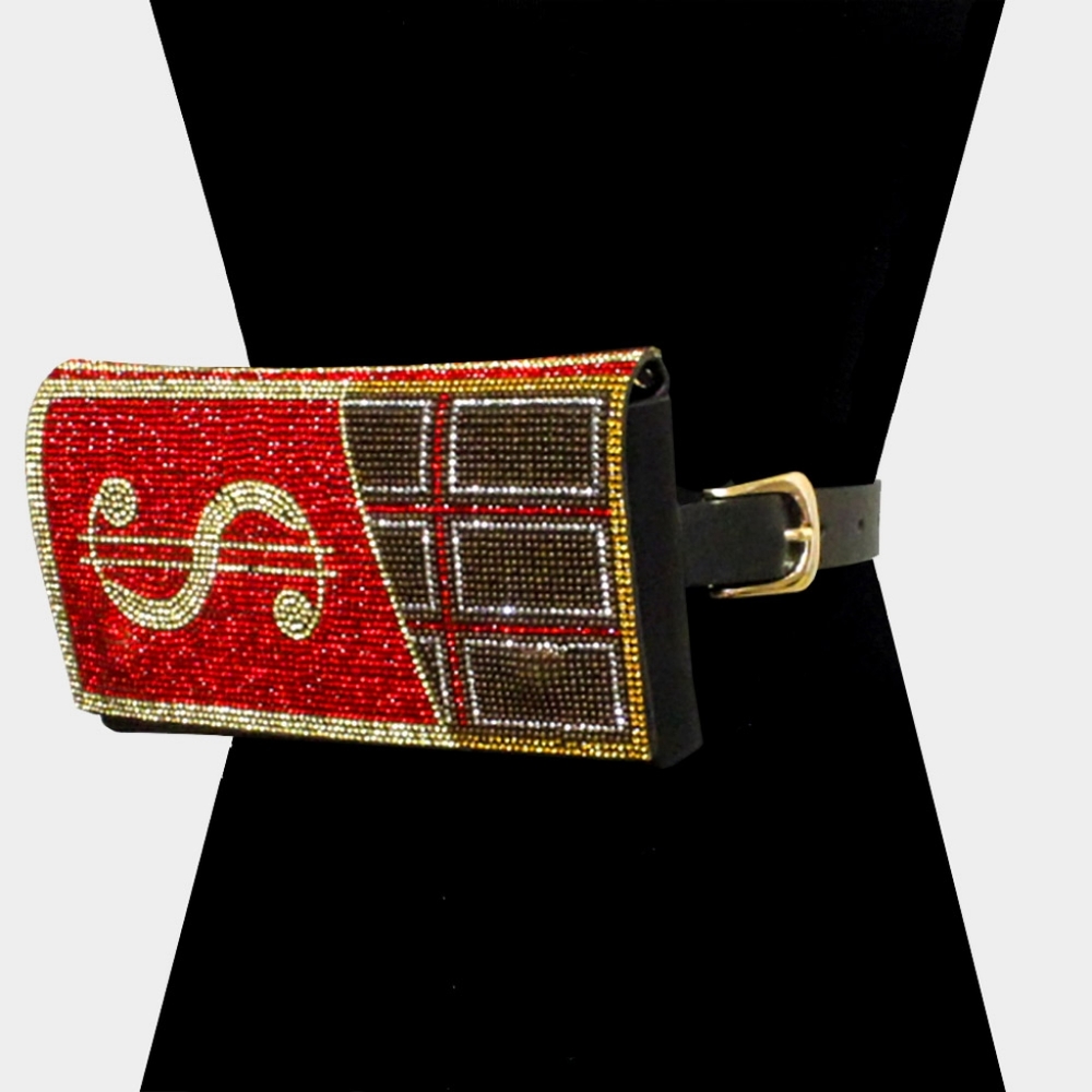 Red Chocolate Bar Gold Dollar Sign Crystal Rhinestone FannyPack Belt Purse Bag